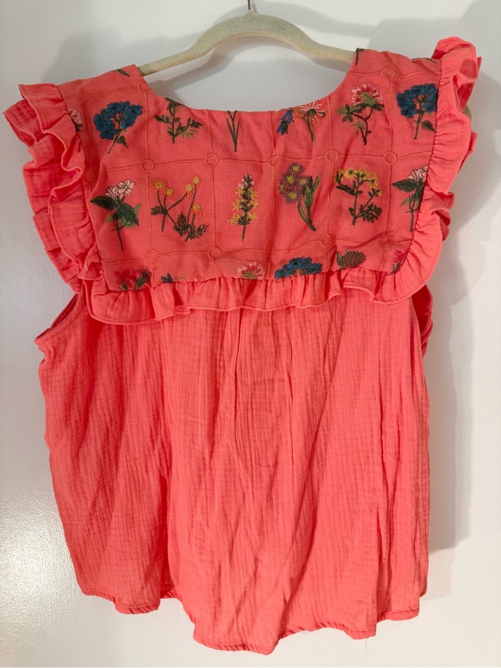 Umgee Coral Pink Floral Embroidered RuffleSleeve Boho Top Large NWT